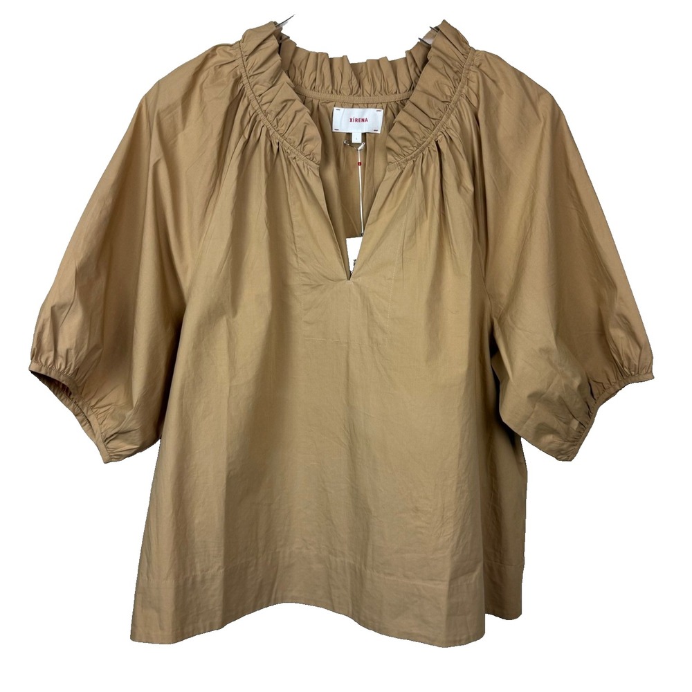 XIRENA Clementine Top Women L Twig Tan Ruffle Puff Sleeve Blouse Neutral NWT